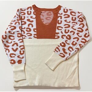 Women's XL Leopard Colorblock Ribbed Sweater V-Neck Cozy Soft Knit Long Sleeve